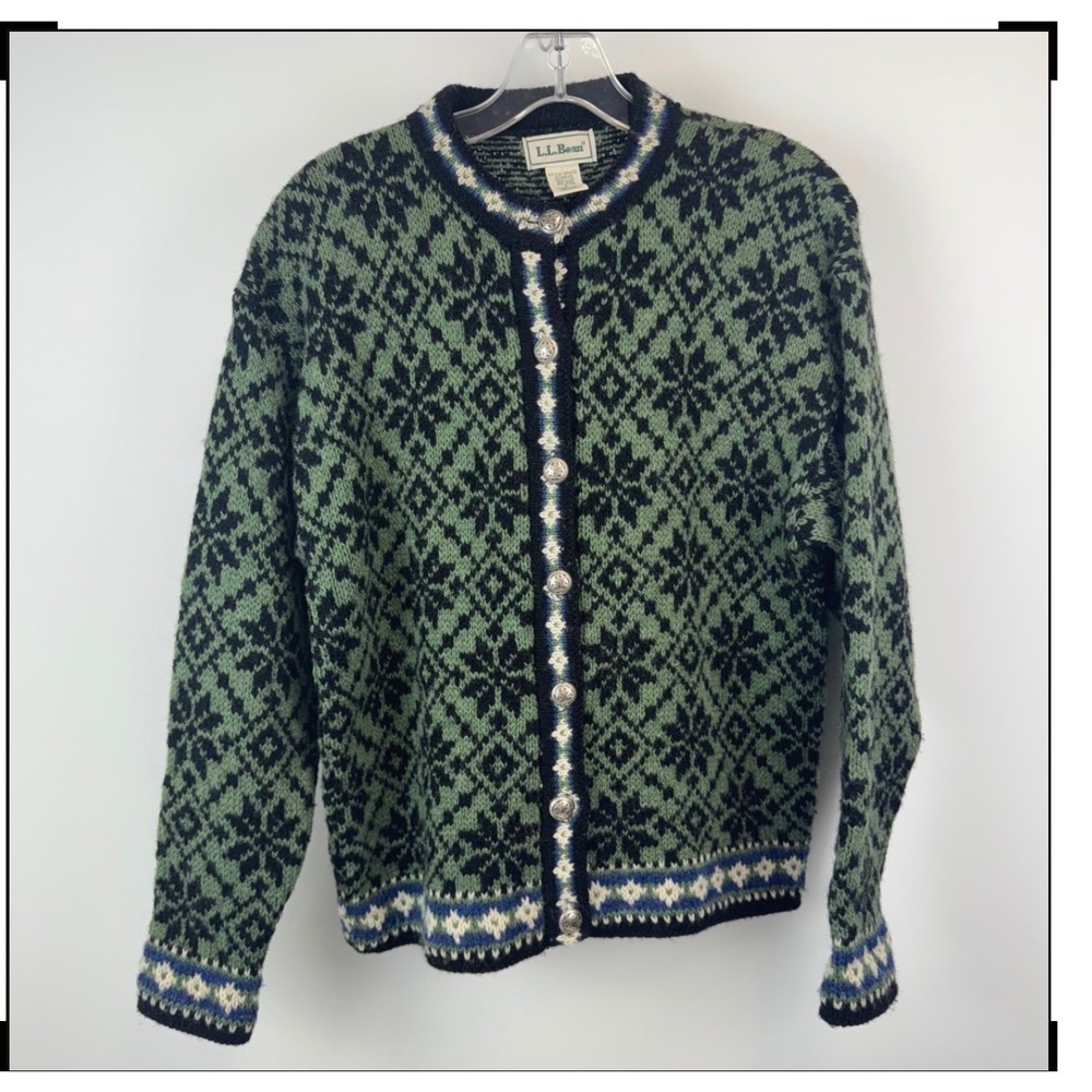 LL Bean Vintage Nordic Fair Isle Wool Cardigan Sweater Green Black ORW23 Women S